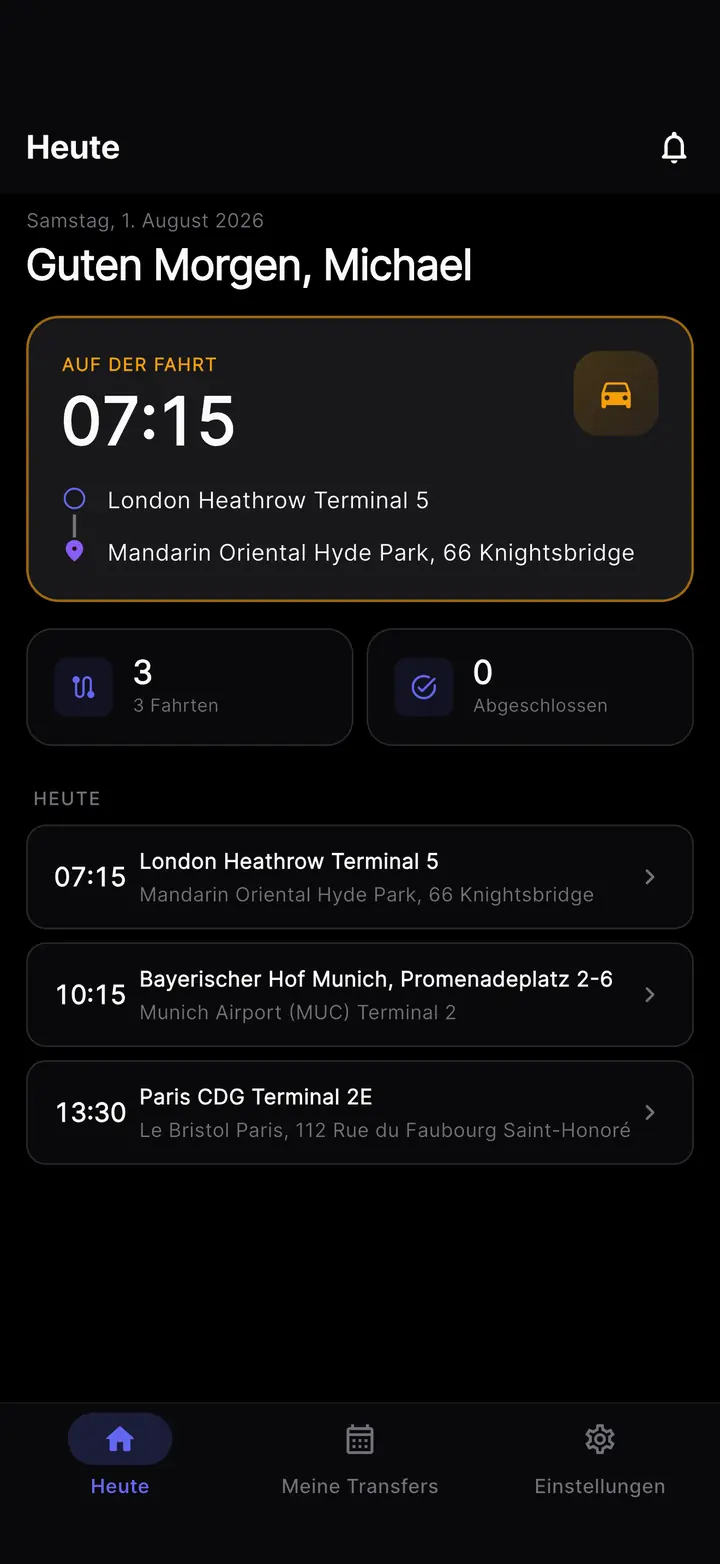 Die Ansicht Heute der Fahrer-App im dunklen Modus.