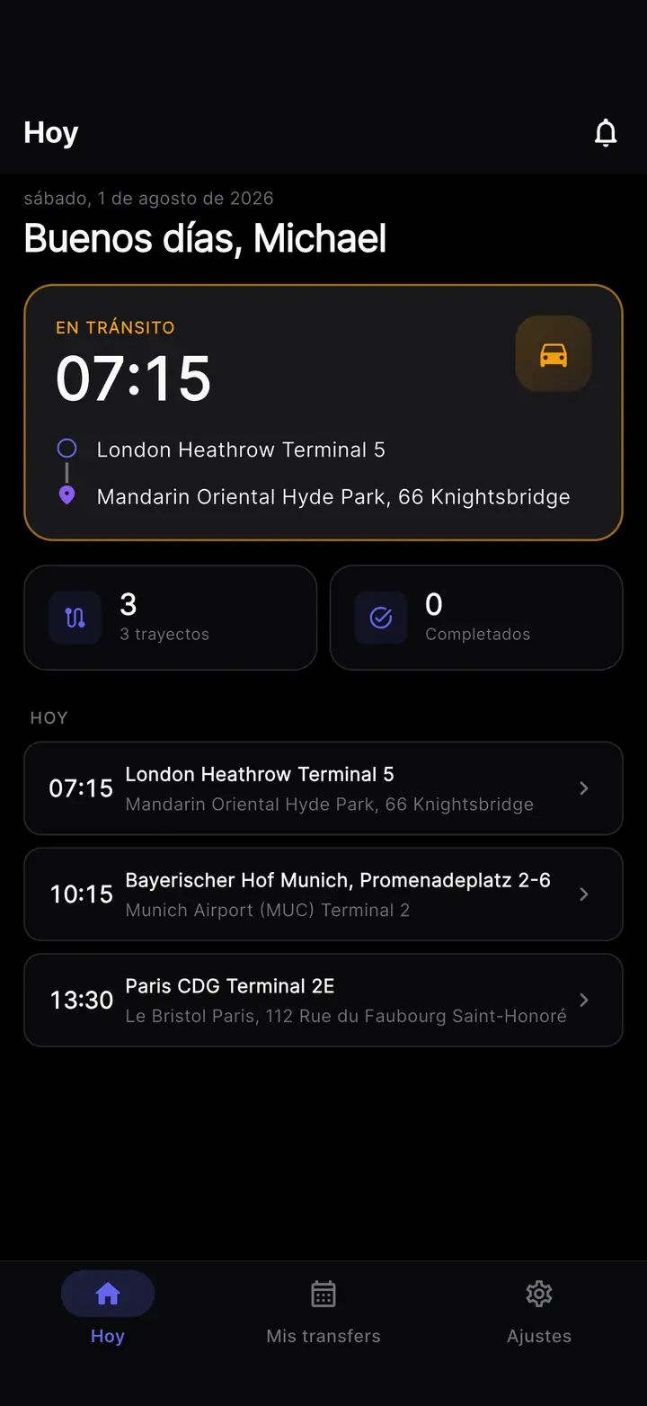 La pantalla Hoy de la app del conductor en modo oscuro.