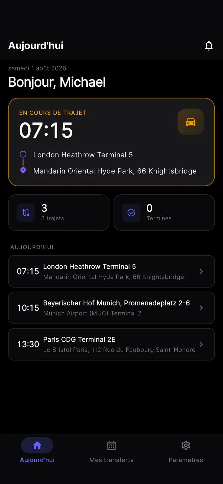 L'écran Aujourd'hui de l'application chauffeur en mode sombre.