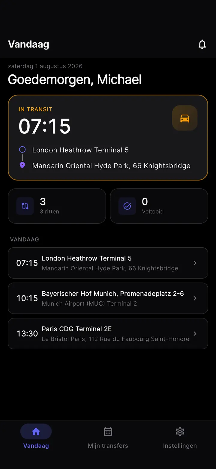 Het scherm Vandaag van de chauffeursapp in donkere modus.