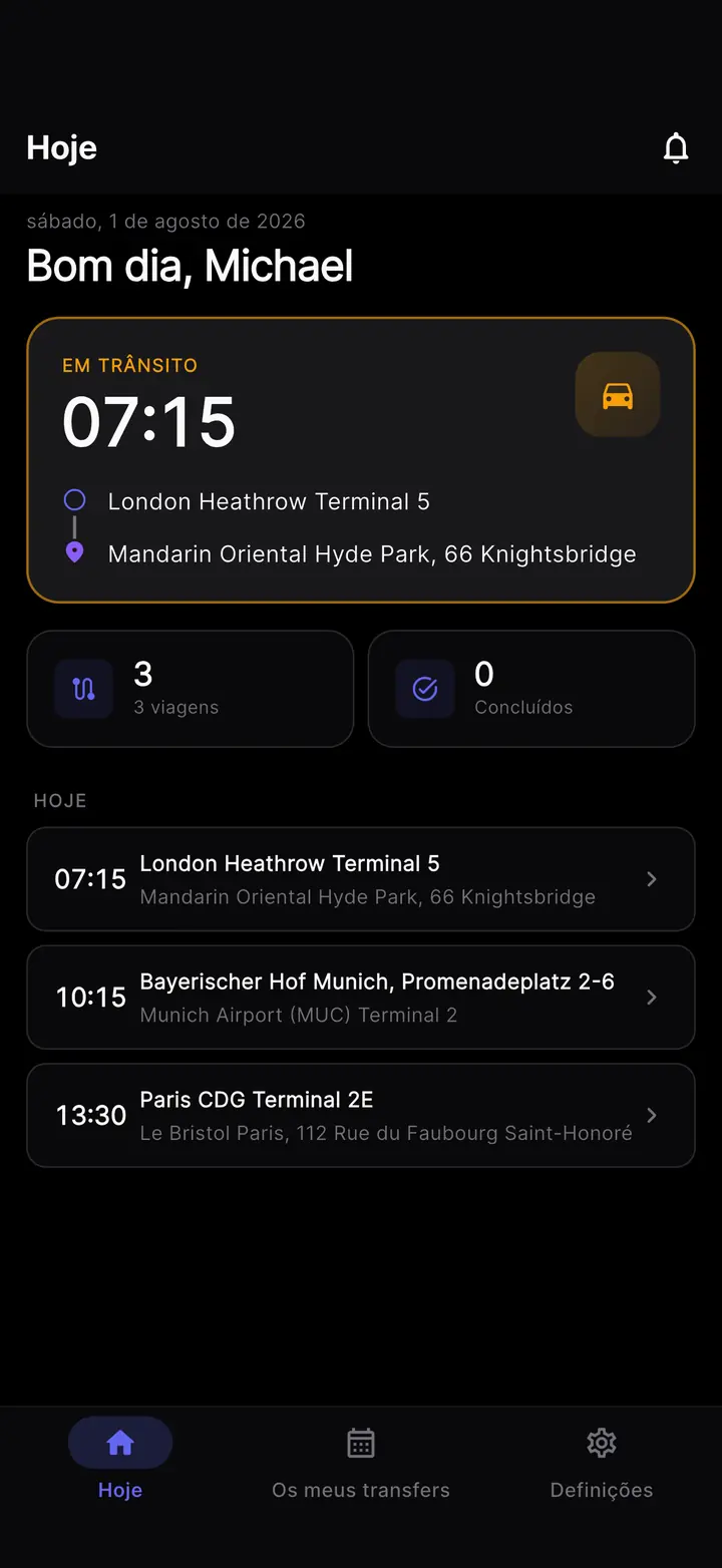 O ecrã Hoje da app do motorista em modo escuro.