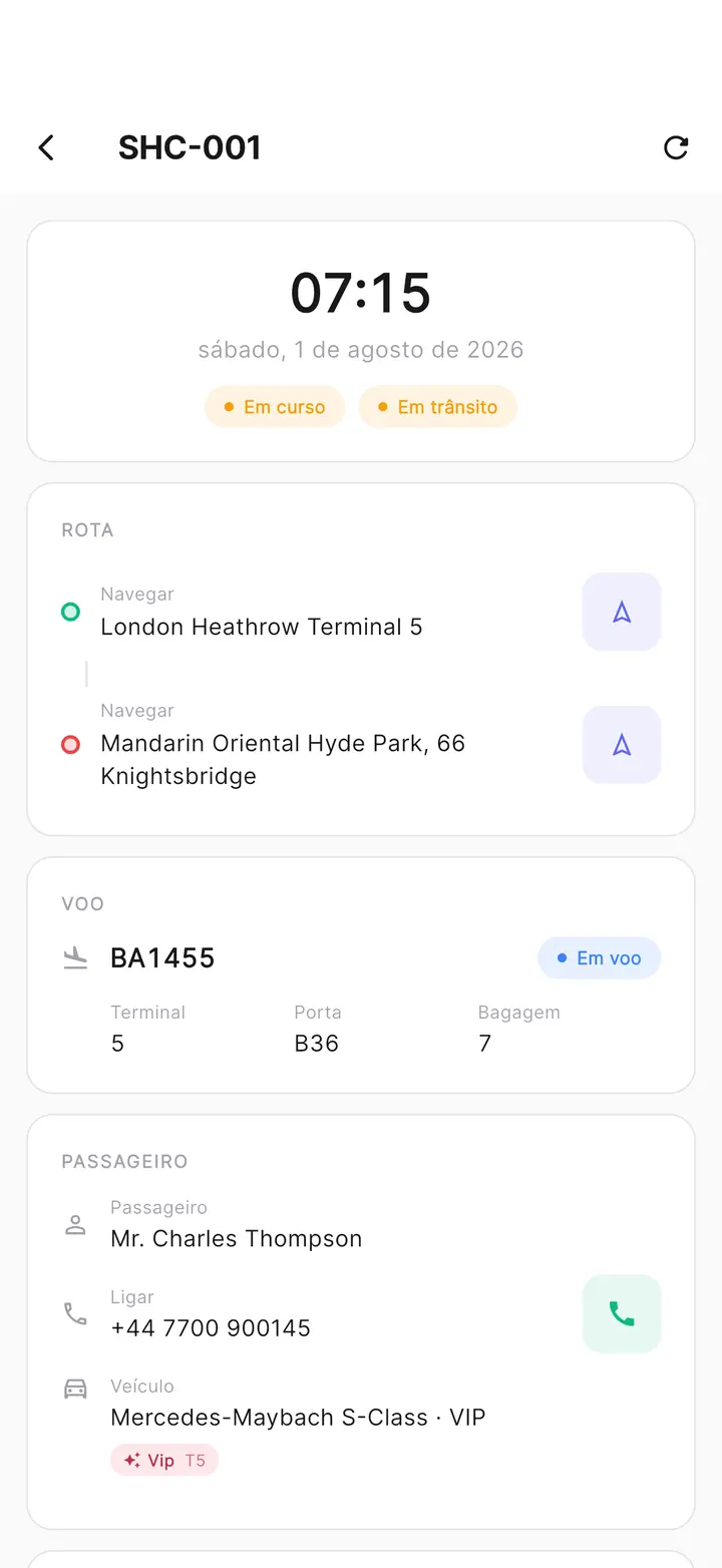 Um serviço na app do motorista: hora de recolha, o percurso com botões de navegação, o estado do voo em tempo real com terminal, porta e tapete de bagagem, e o passageiro com um botão para ligar.