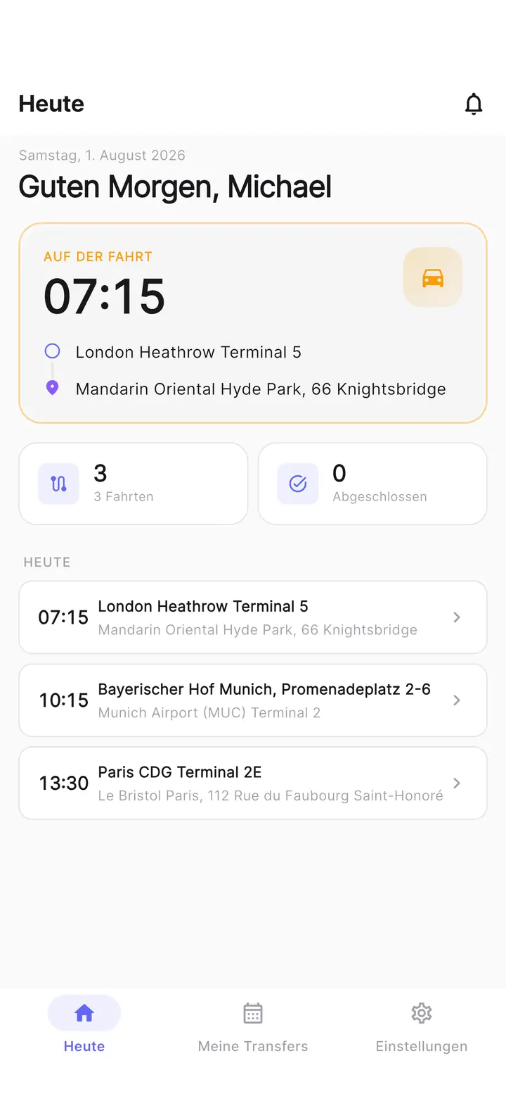 Fahrer-App von TransferCRM, Ansicht Heute: die laufende Fahrt mit Abholort und Ziel, die Zahl der Fahrten des Tages und die nächsten Fahrten.