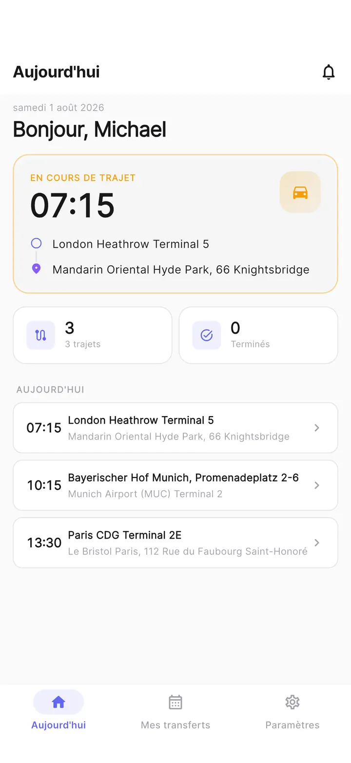 Application chauffeur TransferCRM, écran Aujourd'hui : la course en cours avec prise en charge et destination, le nombre de courses du jour et les suivantes.