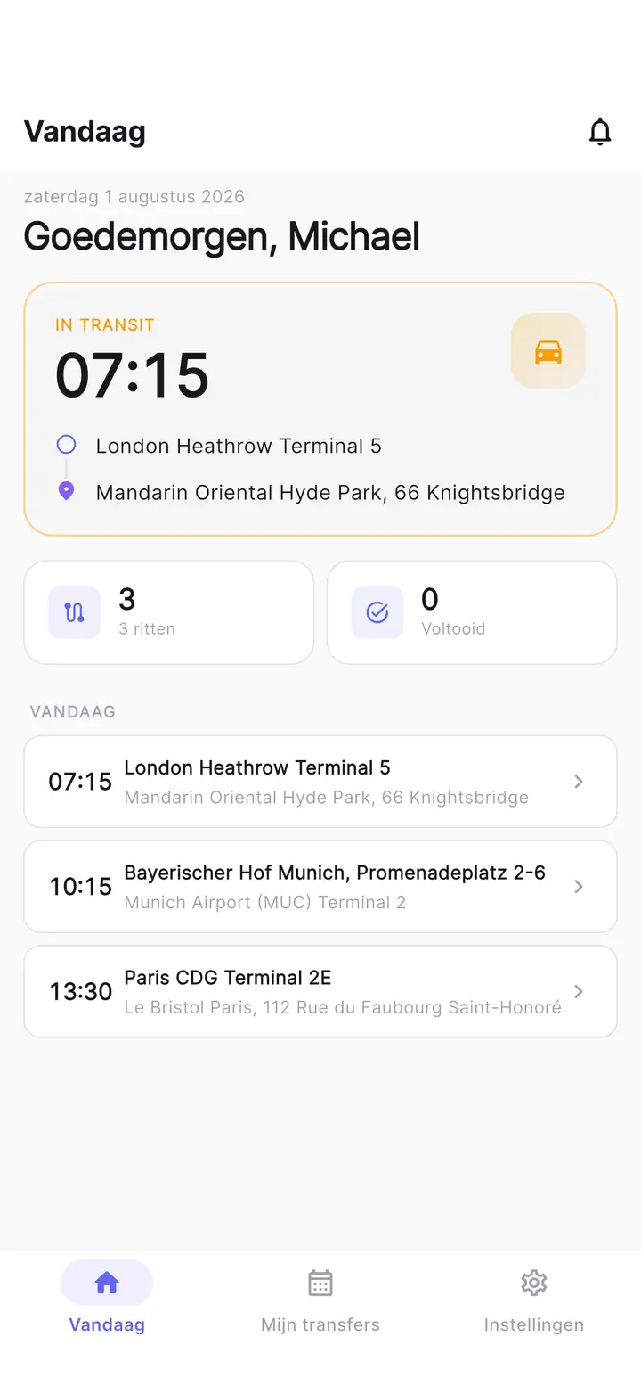 Chauffeursapp van TransferCRM, scherm Vandaag: de lopende rit met ophaaladres en bestemming, het aantal ritten van de dag en de volgende ritten.