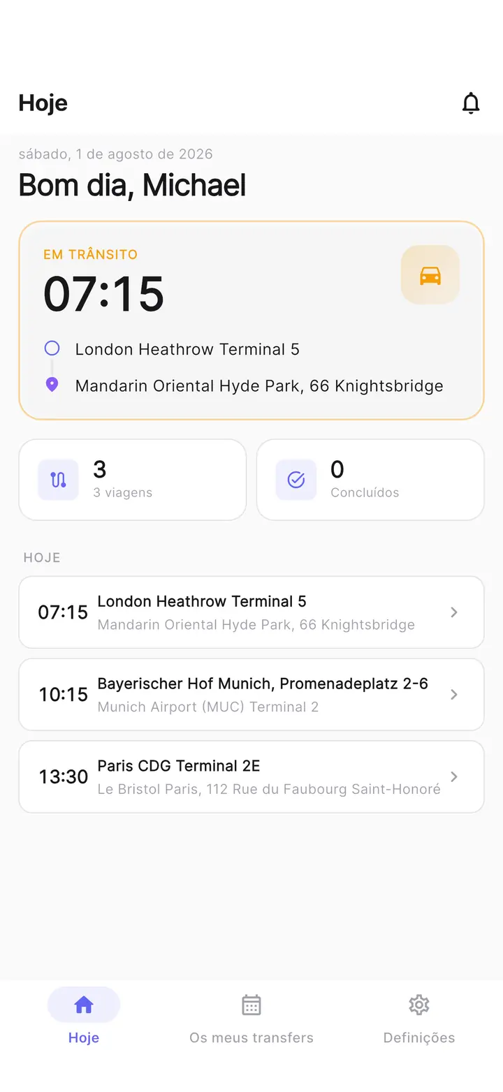 App do motorista do TransferCRM, ecrã Hoje: o serviço em curso com recolha e destino, o número de serviços do dia e os seguintes.
