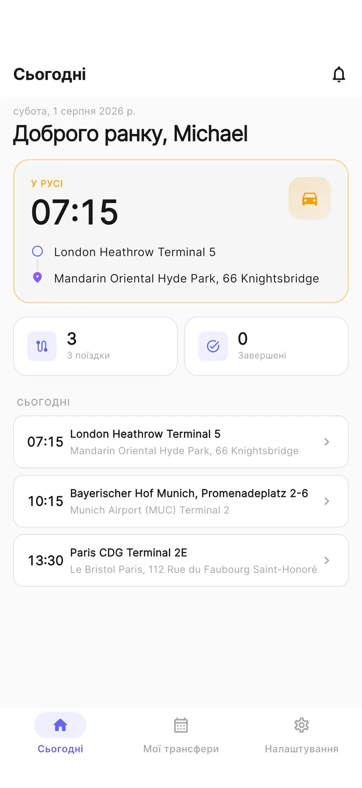 Застосунок водія TransferCRM, екран «Сьогодні»: поточна поїздка з місцем подачі та пунктом призначення, кількість поїздок за день і наступні поїздки.