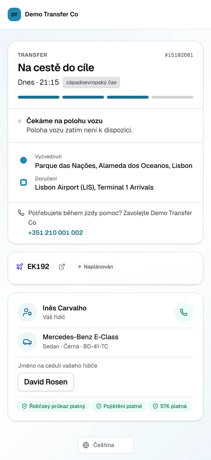 Stránka sledování pro cestujícího: průběh jízdy, místo vyzvednutí a cíl, let, řidič s tlačítkem pro hovor, vůz s SPZ, jméno na ceduli a platné doklady řidiče.