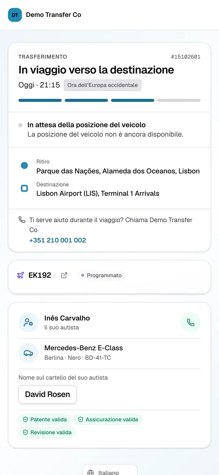 La pagina di tracciamento del passeggero: l'avanzamento della corsa, partenza e destinazione, il volo, l'autista con un pulsante per chiamare, il veicolo con la targa, il nome sul cartello e i documenti dell'autista segnati come validi.