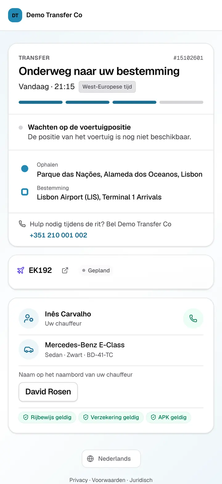 De volgpagina van de passagier: de voortgang van de rit, ophaaladres en bestemming, de vlucht, de chauffeur met een belknop, de auto en zijn kenteken, de naam op het bordje en de documenten van de chauffeur als geldig gemarkeerd.