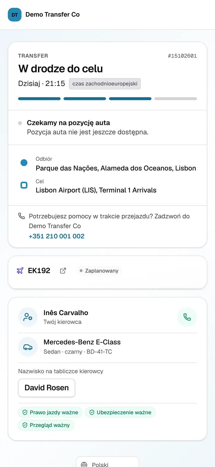 Strona śledzenia dla pasażera: postęp kursu, miejsce odbioru i cel, lot, kierowca z przyciskiem połączenia, auto z numerem rejestracyjnym, nazwisko na tabliczce i ważne dokumenty kierowcy.