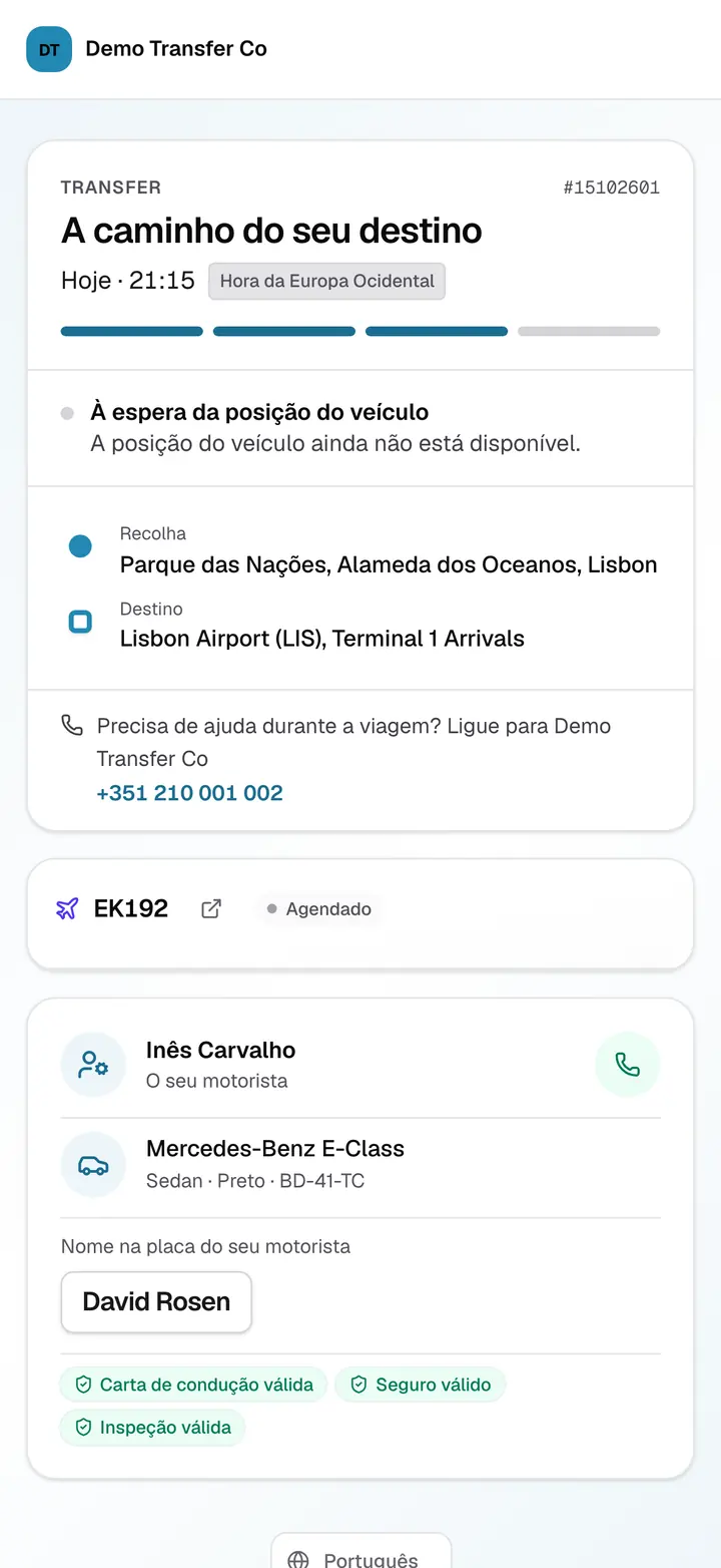 A página de acompanhamento do passageiro: o progresso do serviço, a recolha e o destino, o voo, o motorista com um botão para ligar, a viatura e a matrícula, o nome na placa e os documentos do motorista marcados como válidos.